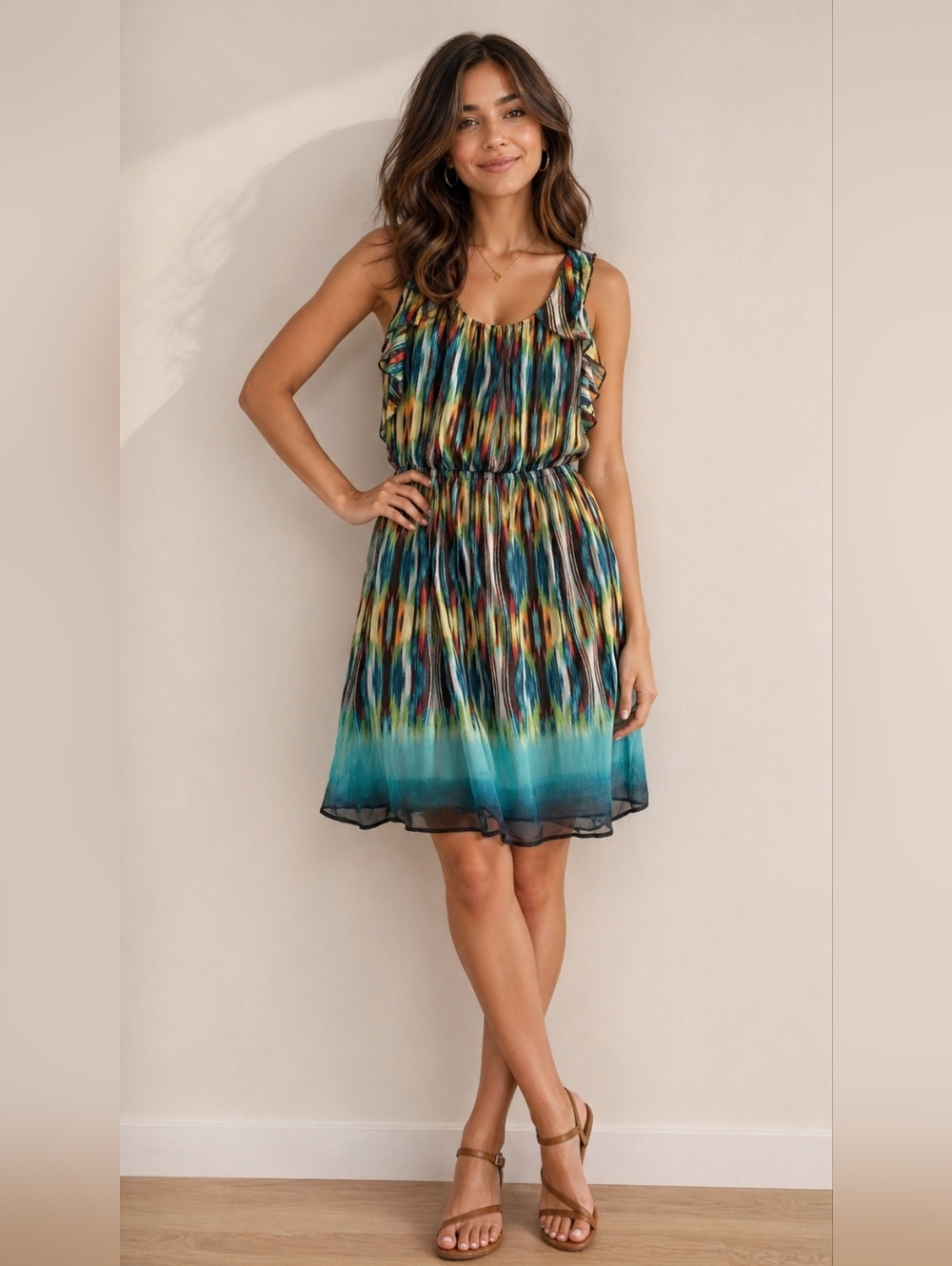 LEVEL EIGHT Multicolor Blue Ikat Print Sleeveless Dress S